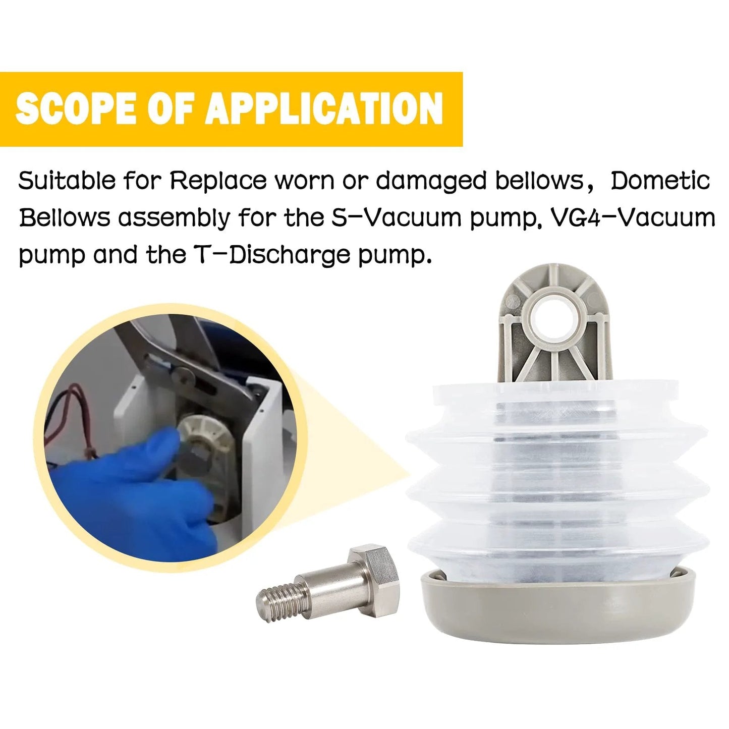 Pump Bellow Kit For Dometic Sealand Vacuum And Discharge Pumps VG4 VHT S J TW T Series Replacement 385230980 includes bellows and bolt.