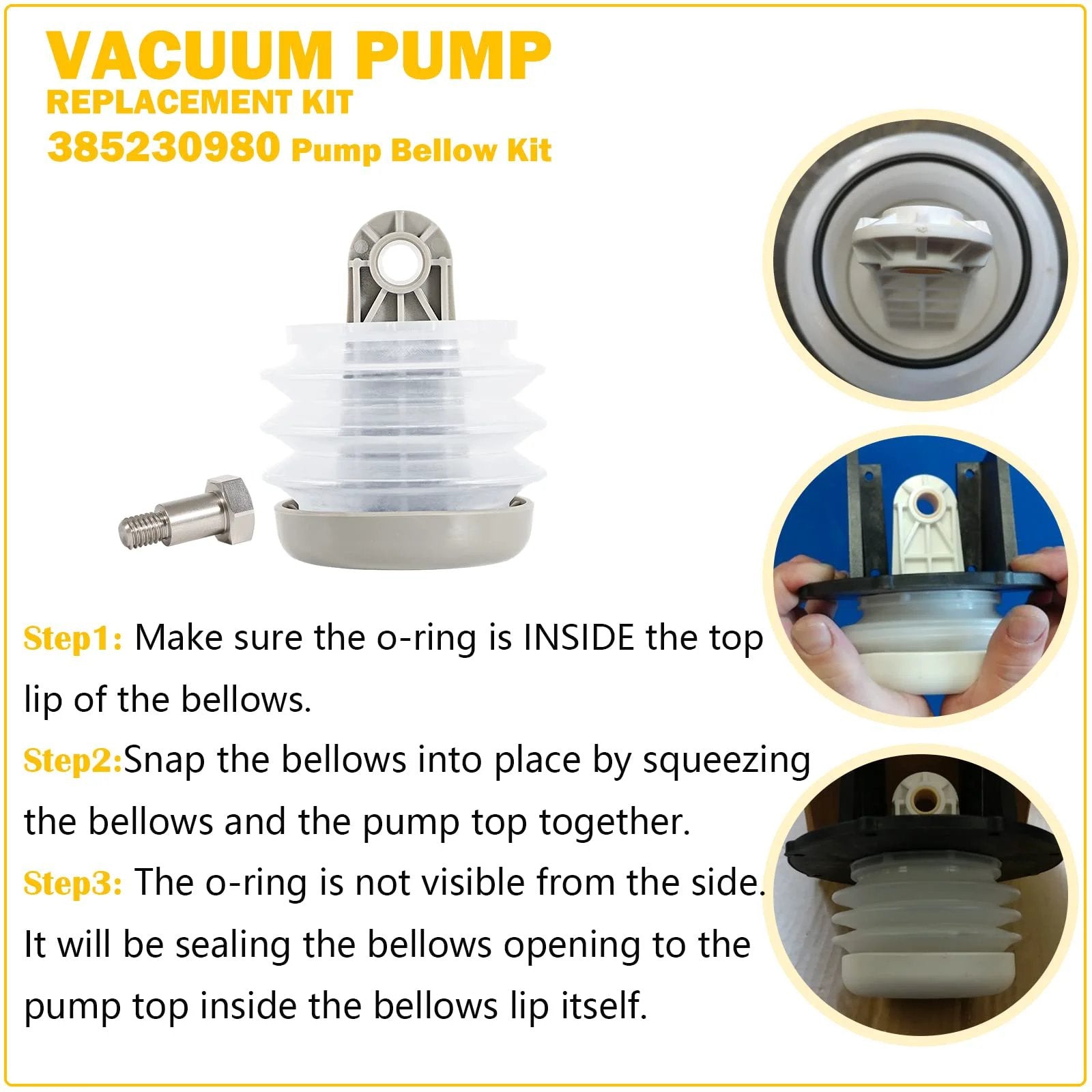 Pump Bellow Kit For Dometic Sealand Vacuum And Discharge Pumps VG4 VHT S J TW T Series Replacement 385230980 close-up of bellows and bushing.