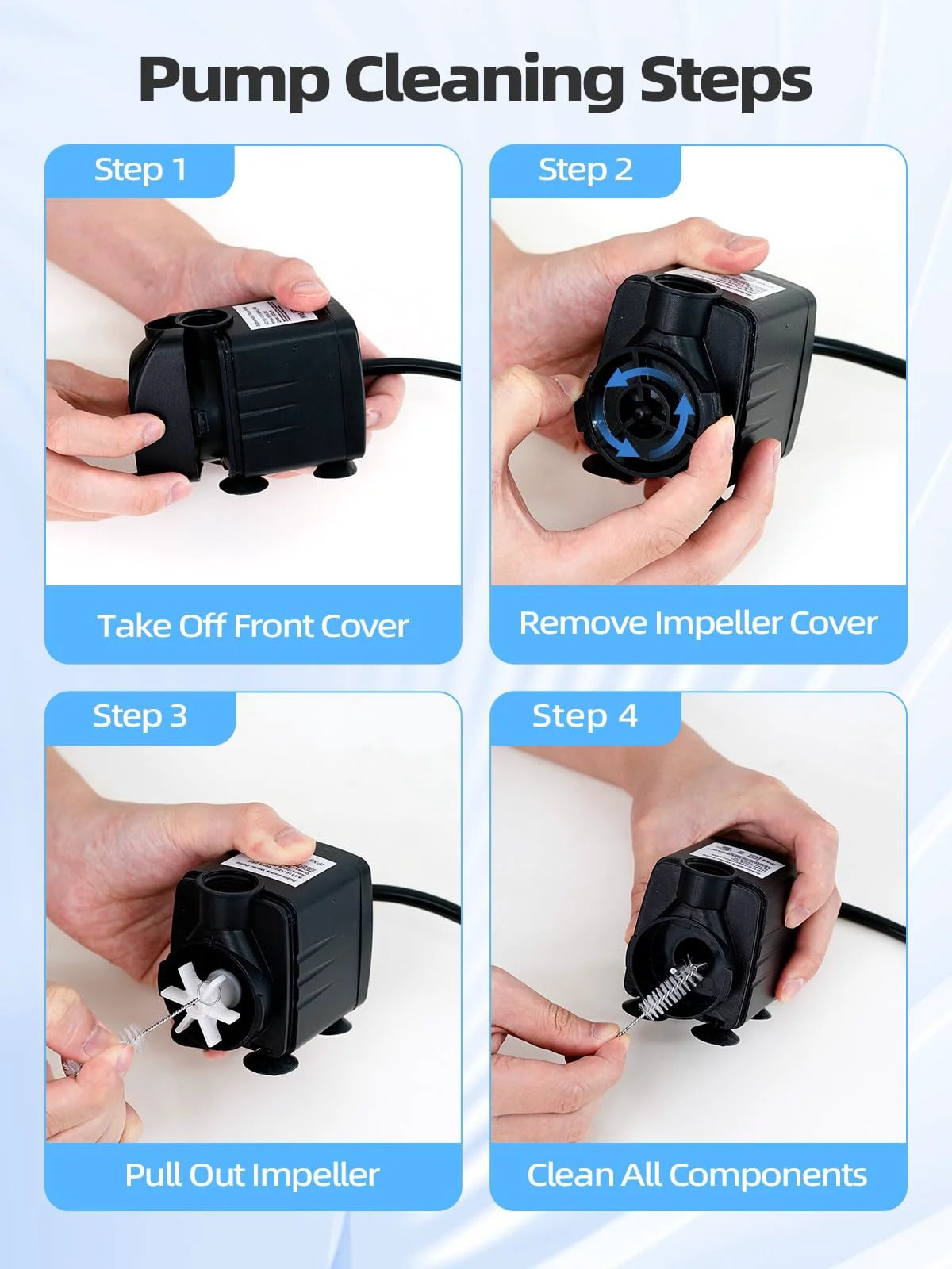 Step-by-step instructions for cleaning the Ultra Quiet 400 GPH Submersible Water Pump for Ponds, Fountains, Fish Tanks and Hydroponics.
