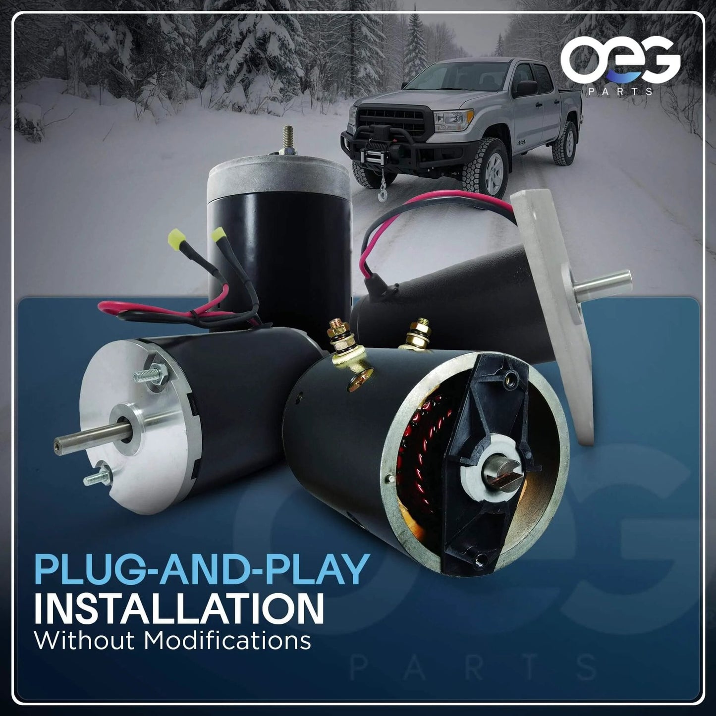 OEG Parts 12V Pump Motor for JS Barnes Monarch MTE Hydraulics, plug-and-play installation, shown with snowy landscape background