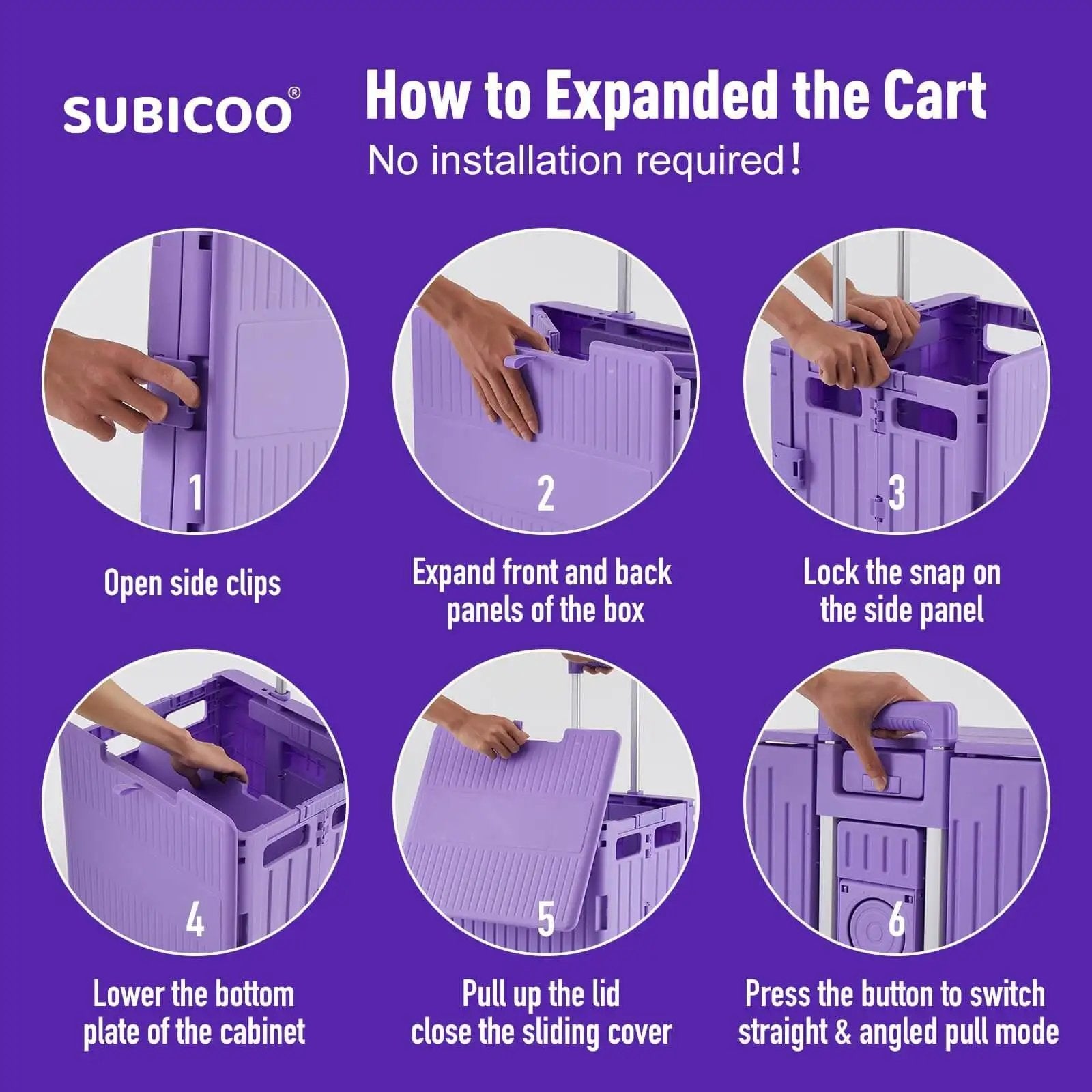 Instruction guide for setting up the Foldable Utility Cart With Lid Four Wheel 360 Rotating Design Grab And Go Portable Hand Truck For Grocery Shopping Office Storage Collapsible Trolley On Wheels Brake For Safety Purple.