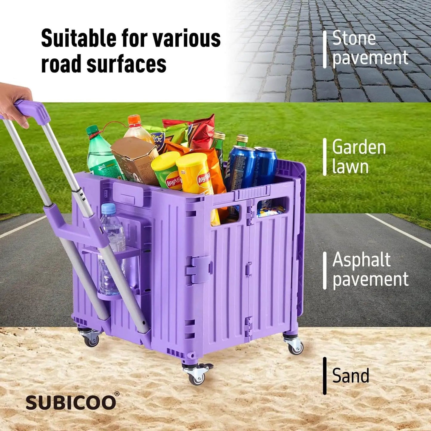 Foldable Utility Cart With Lid Four Wheel 360 Rotating Design Grab And Go Portable Hand Truck For Grocery Shopping Office Storage Collapsible Trolley On Wheels Brake For Safety Purple on different surfaces