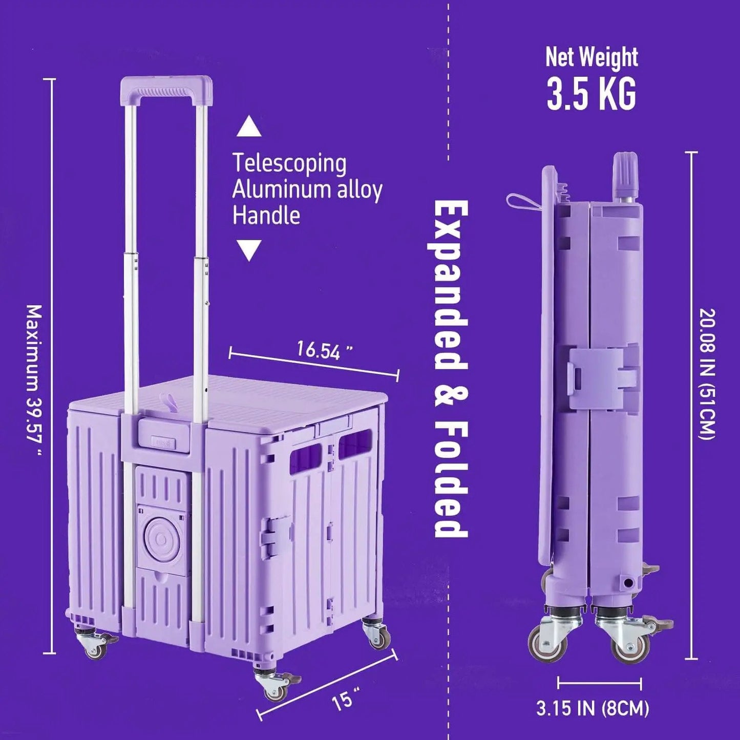 Foldable Utility Cart With Lid Four Wheel 360 Rotating Design Grab And Go Portable Hand Truck For Grocery Shopping Office Storage Collapsible Trolley On Wheels Brake For Safety Purple shown expanded and folded with dimensions