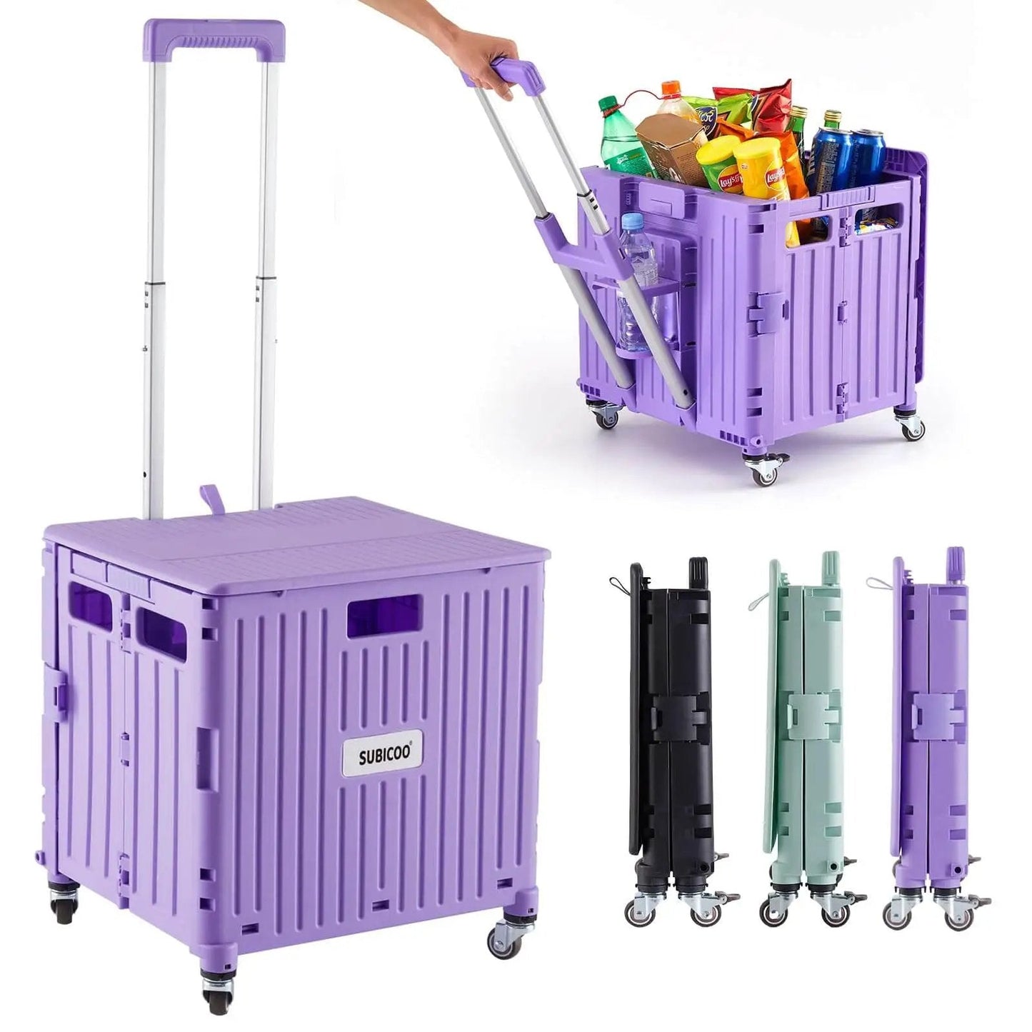 Foldable Utility Cart With Lid Four Wheel 360 Rotating Design Grab And Go Portable Hand Truck For Grocery Shopping Office Storage Collapsible Trolley On Wheels Brake For Safety Purple