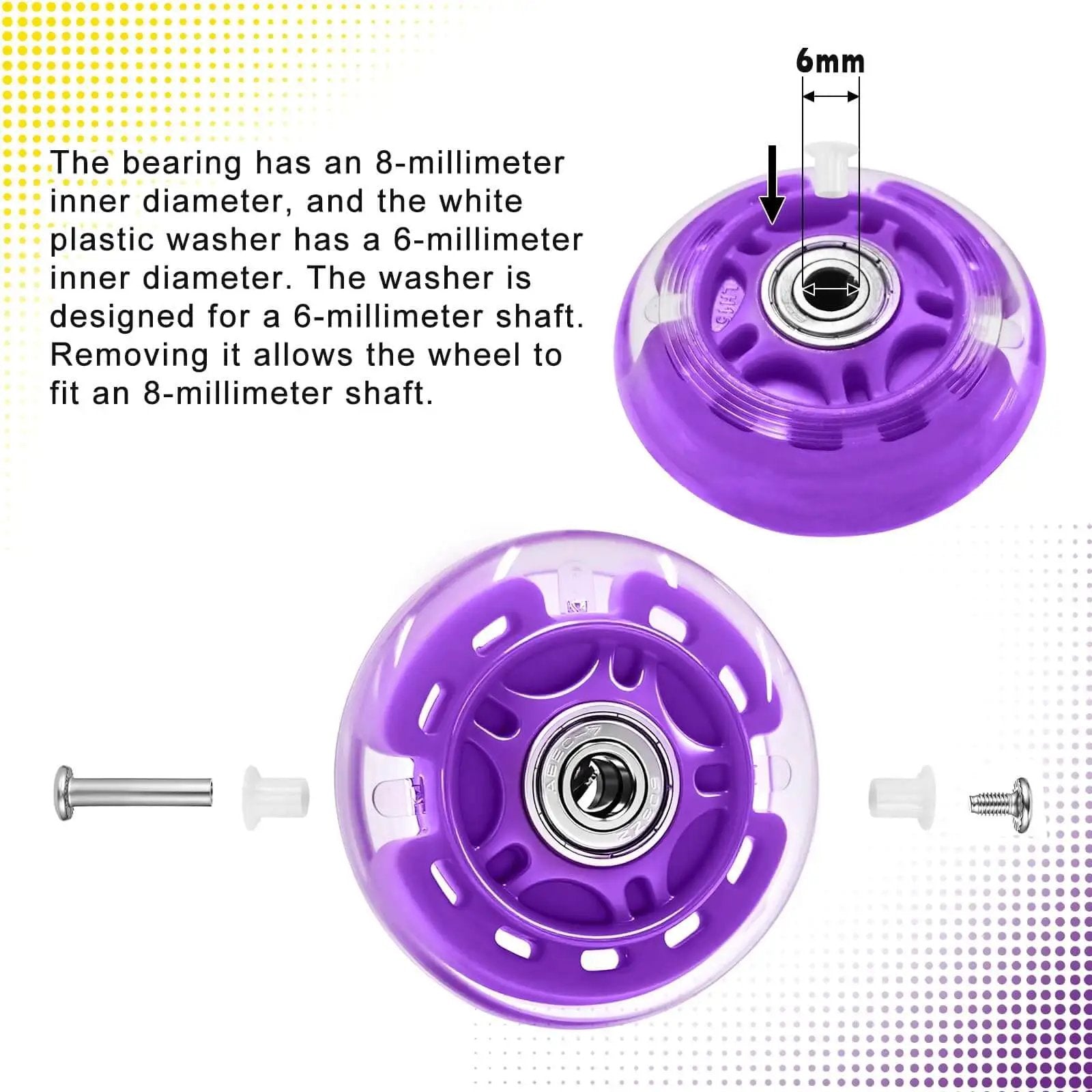 Close-up of purple 8-Pack Inline Skate Wheels 64mm With Bearings For Indoor And Outdoor Replacement - High-Performance 82A Polyurethane