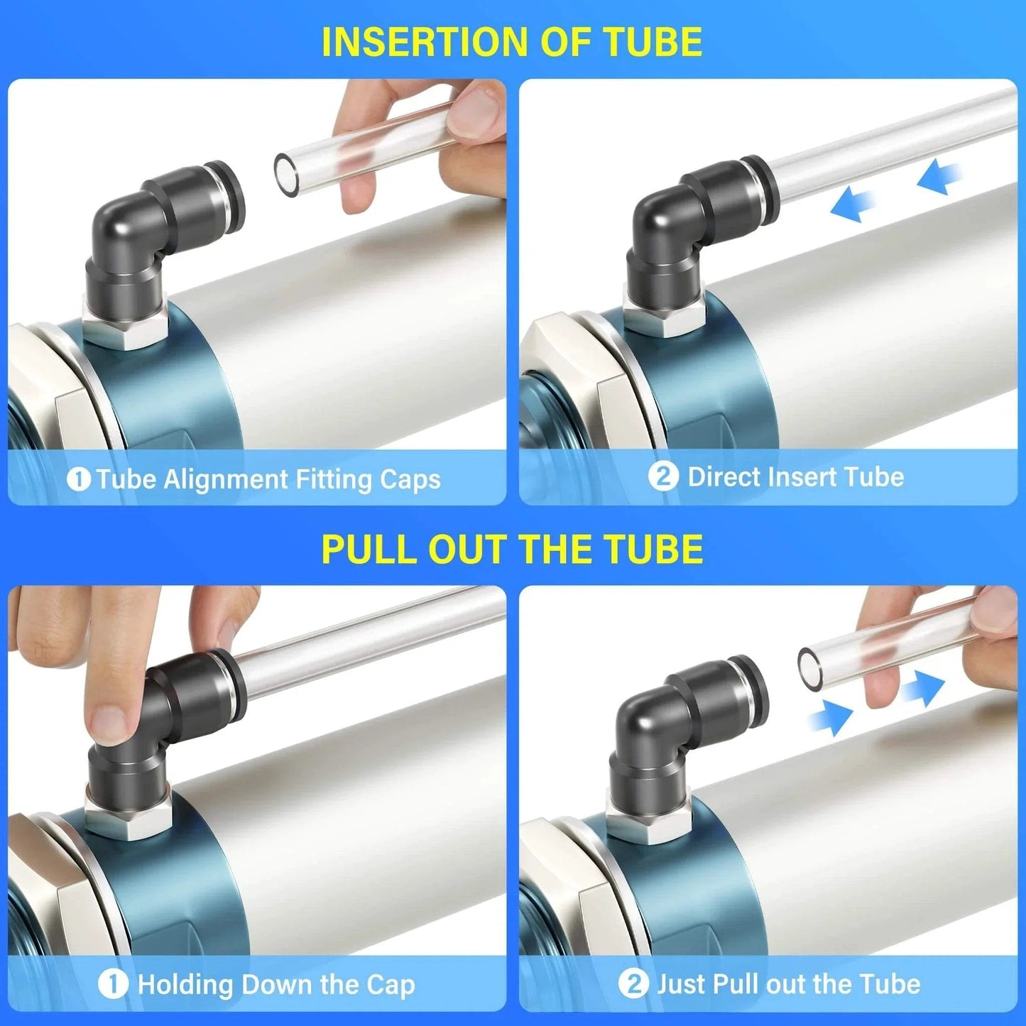 Elbow and Straight Push To Connect Fittings One Quarter Inch Tube OD X One Quarter Inch NPT Thread Copper And Plastic Pack Of Twelve PC being connected