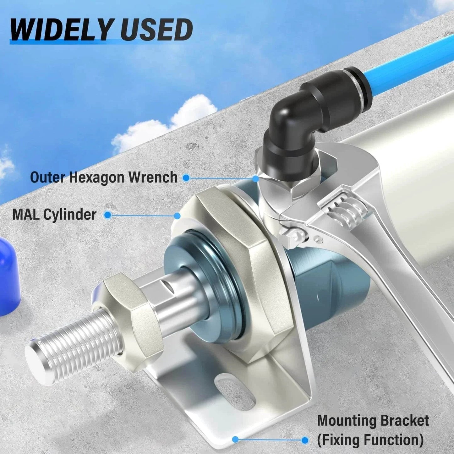 Push To Connect Pneumatic Male Elbow Fittings One Quarter Inch Tube Outer Diameter To One Quarter Inch NPT Thread 90 Degree Connector PL One Quarter N2 Pack Of Ten Copper And Plastic Construction For PU Tubing 0 To 145 Psi installed on MAL Cylinder with hex wrench.