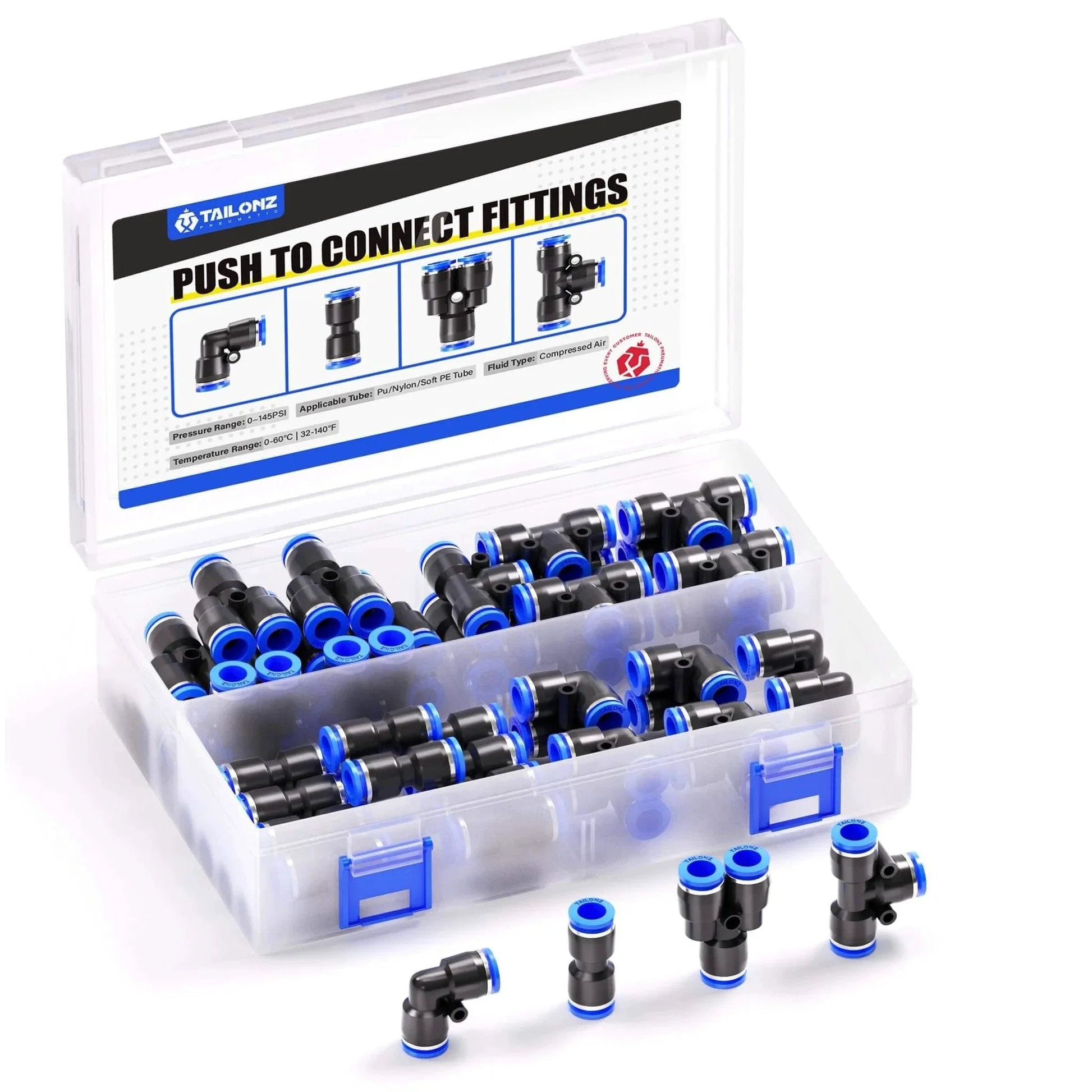 One Quarter Inch OD Push To Connect Pneumatic Fittings Kit With Forty Pieces Including Splitters Elbows Tees And Straights For Air Tubing Compatible With PU Nylon And Soft PE Tubes 0 To 145 PSI 0 To 60 C Easy Install High Pressure Resistance kit open showing fittings