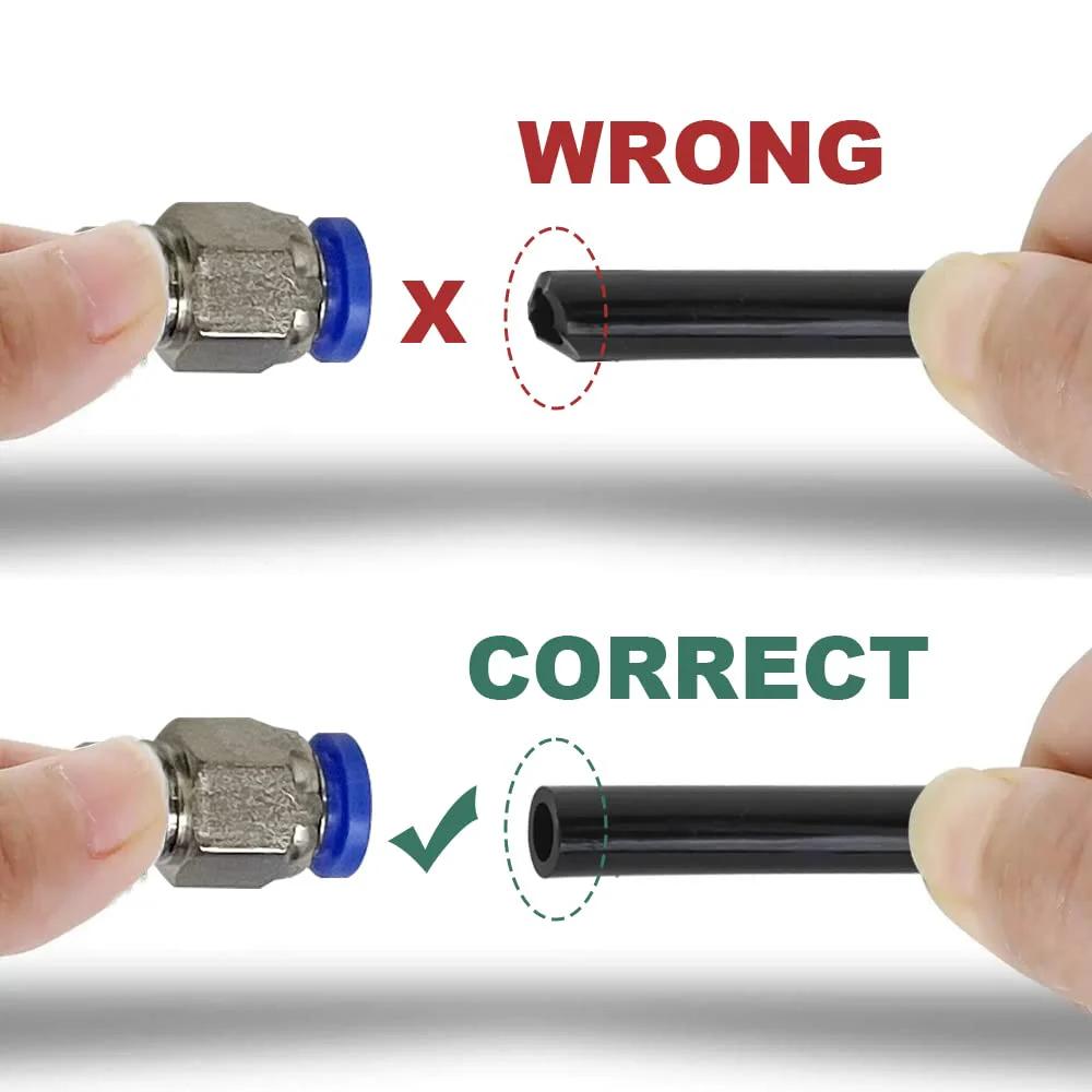Comparison image showing correct and incorrect connections of Push Lock Vacuum PU Tubing Kit fittings.