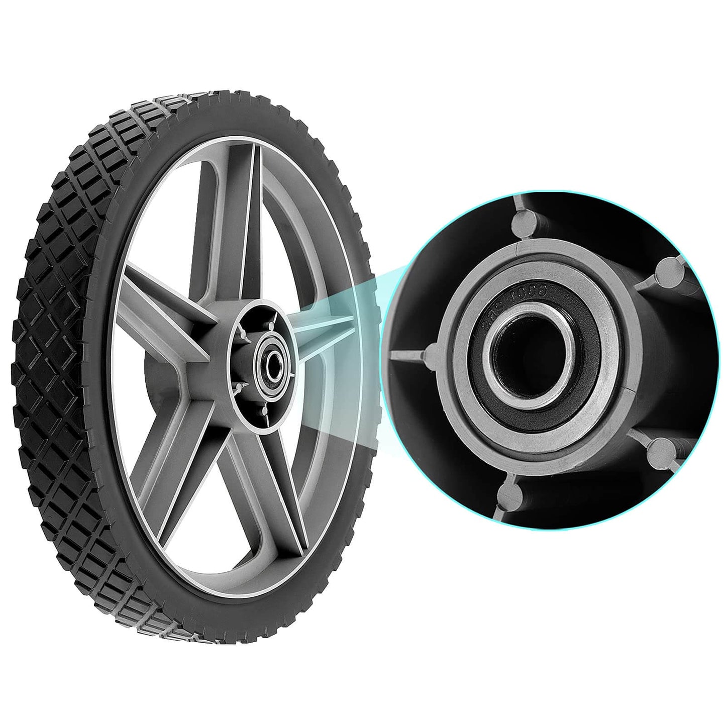 Close-up of a 3 Pack 12 x 1.75 Inch Push Mower Replacement Wheels with Spoke Plastic Design and Diamond Tread