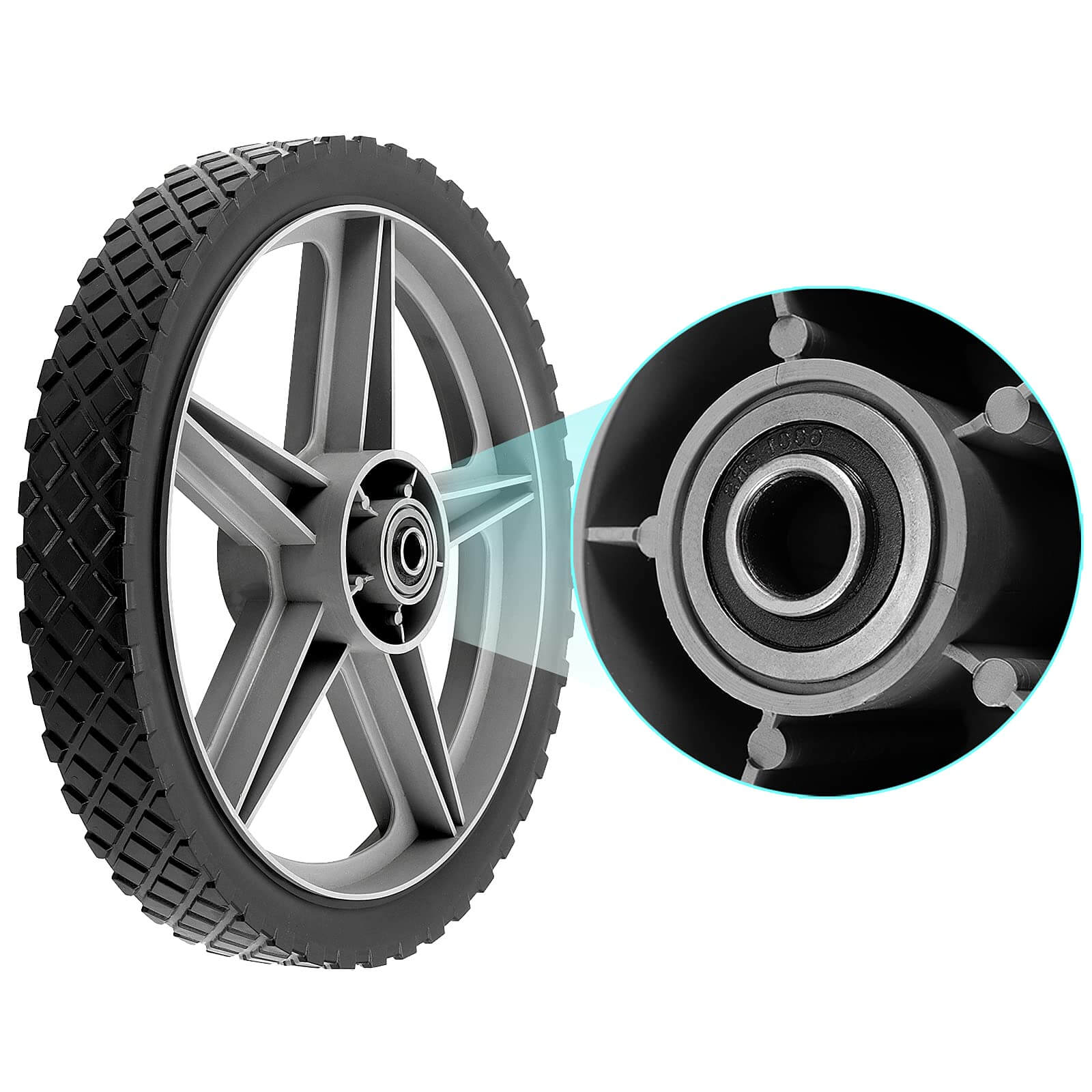 Close-up of a 3 Pack 12 x 1.75 Inch Push Mower Replacement Wheels with Spoke Plastic Design and Diamond Tread