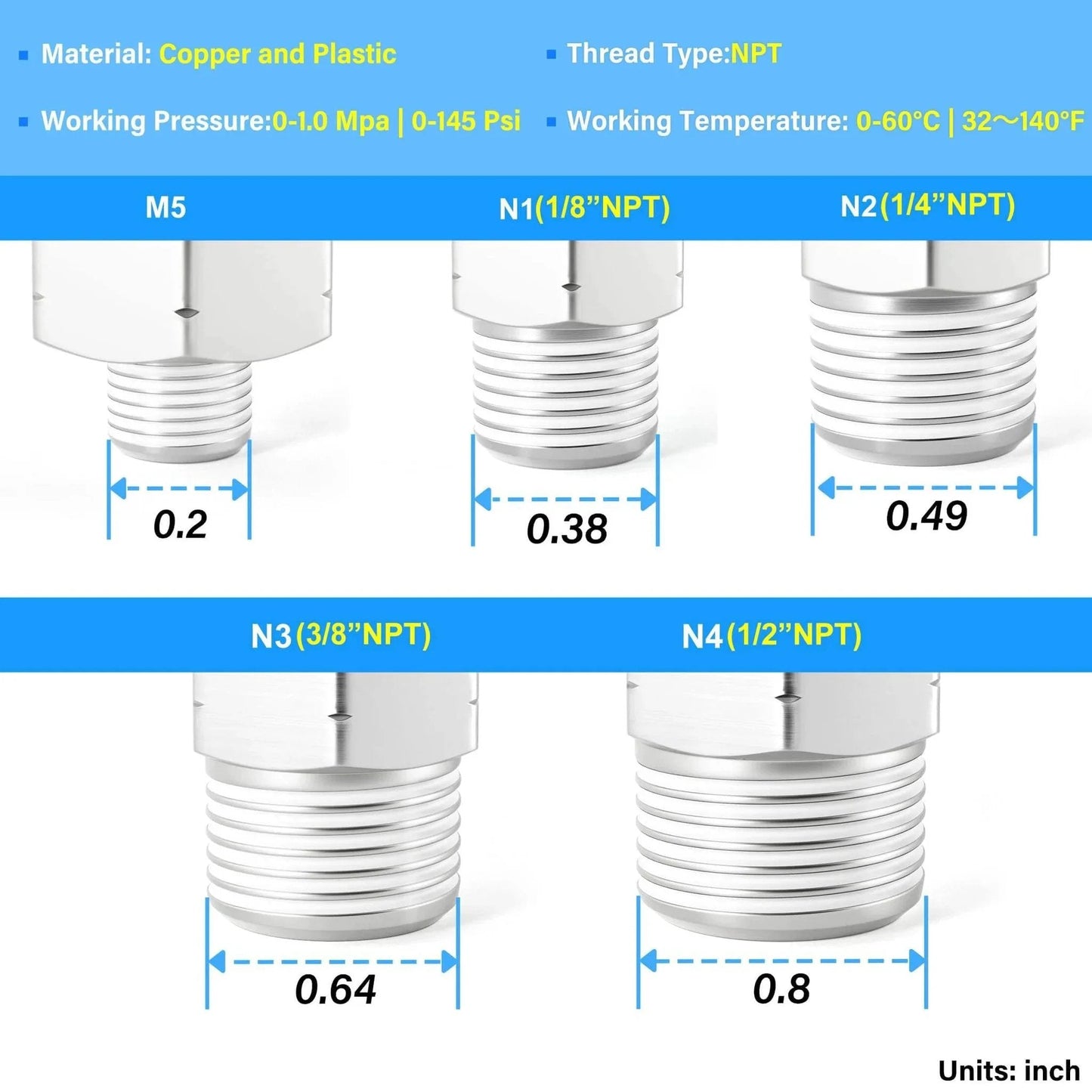 Elbow and Straight Push To Connect Fittings One Quarter Inch Tube OD X One Quarter Inch NPT Thread Copper And Plastic Pack Of Twelve PC One Quarter Inch N2 And PL One Quarter Inch N2 High Pressure 145 PSI 32 To 140 Fahrenheit