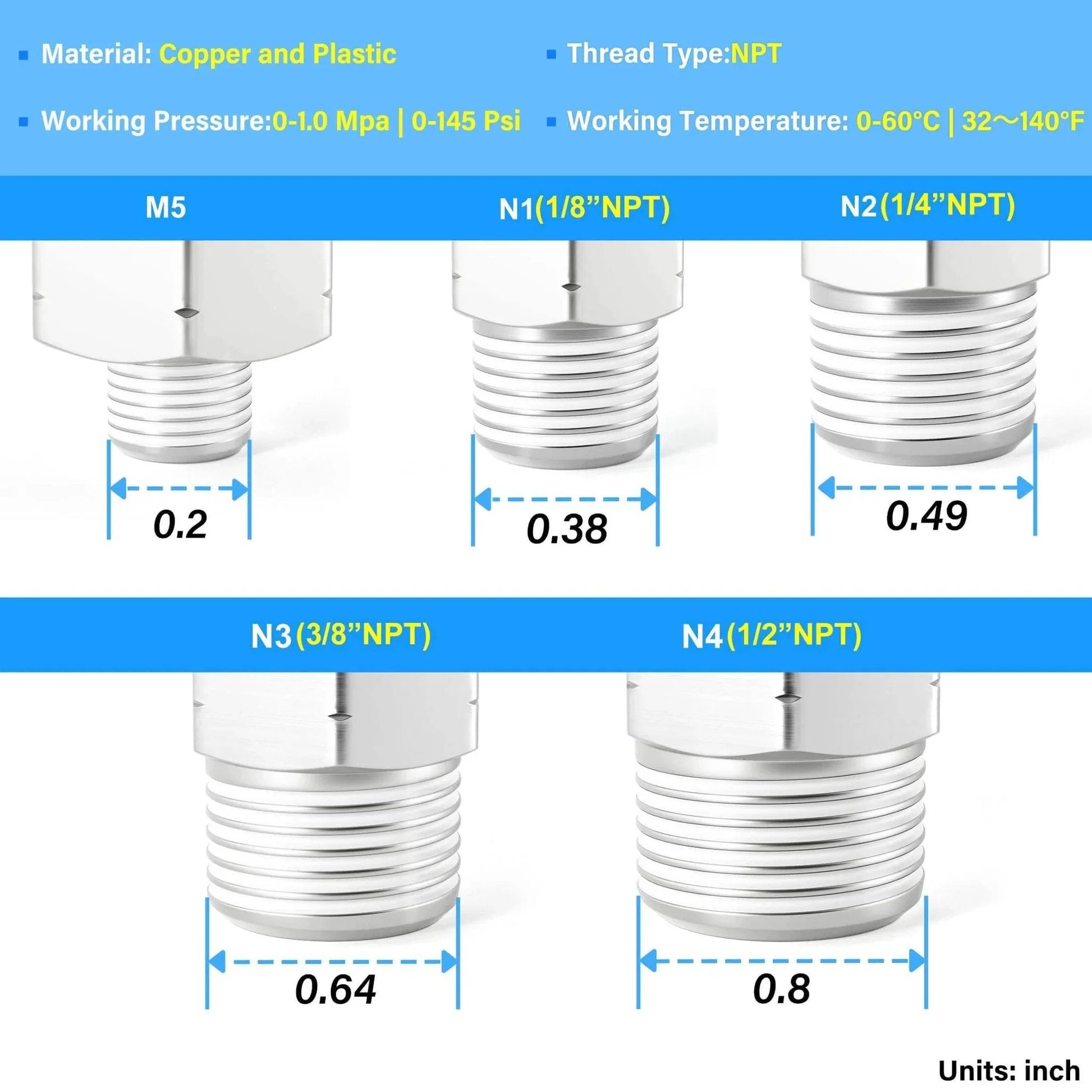 Elbow and Straight Push To Connect Fittings One Quarter Inch Tube OD X One Quarter Inch NPT Thread Copper And Plastic Pack Of Twelve PC One Quarter Inch N2 And PL One Quarter Inch N2 High Pressure 145 PSI 32 To 140 Fahrenheit