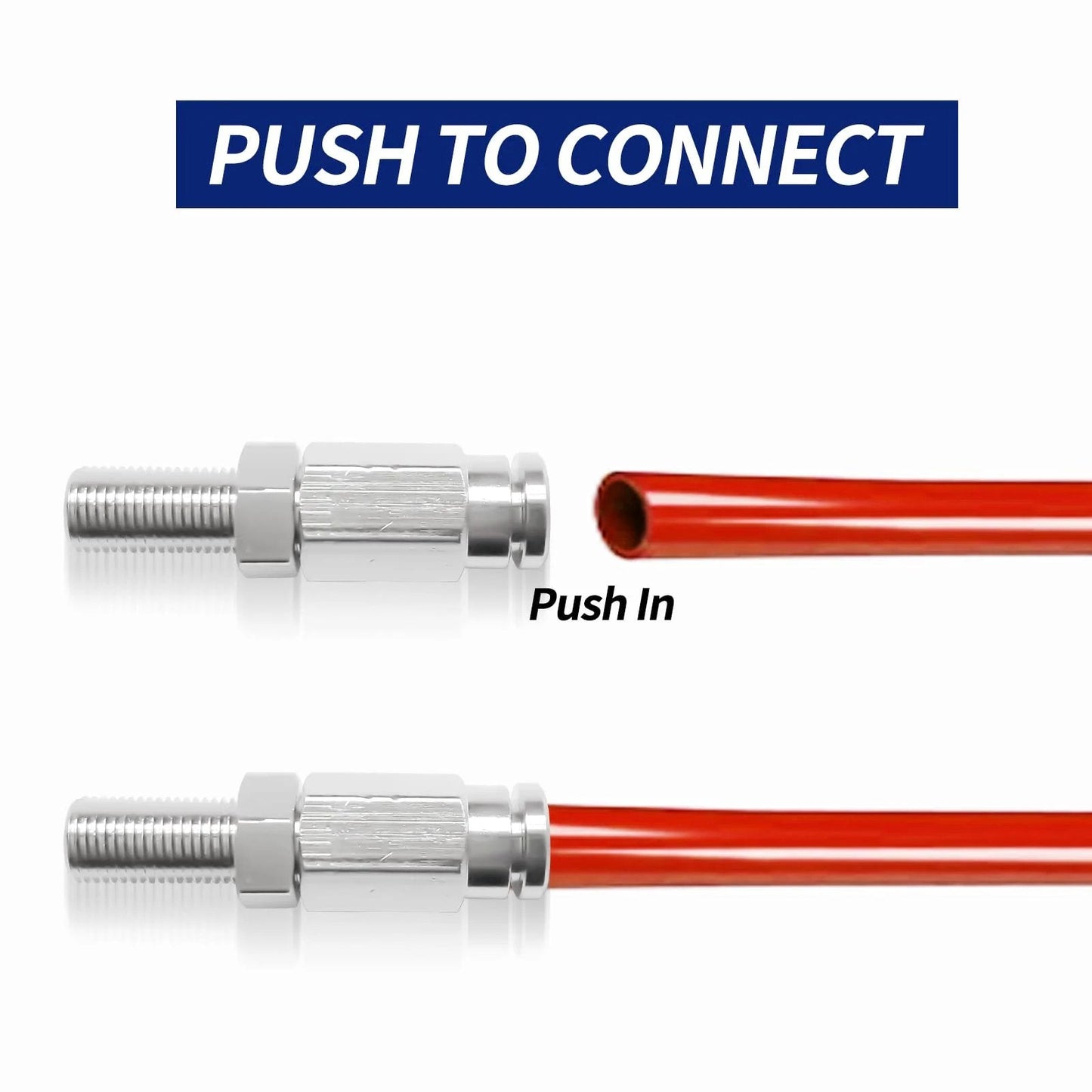 Inflation Schrader Valve With Push To Connect For 1/4 Inch OD Air Line Tubing and Air Ride Suspension on Semi Trucks and Trailers, Brass Fittings, 2 Pack, close-up view showing connection with red tubing.
