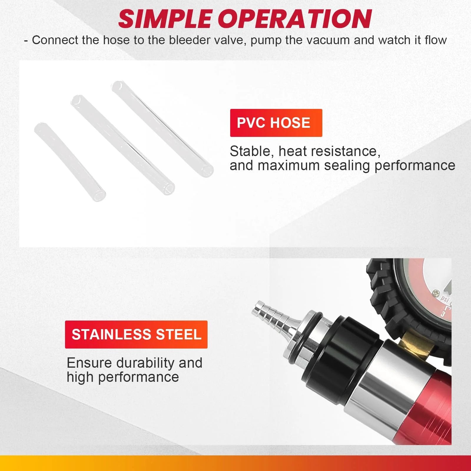 Close-up of hose components from the Professional 21 Piece Handheld Vacuum And Pressure Pump Tester Kit 2 In 1 Brake Bleeder Set.