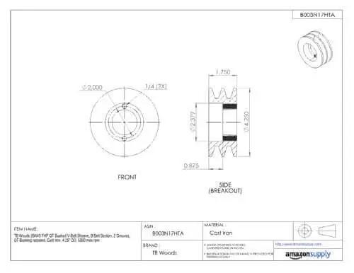 Technical drawing for Heavy Duty QT Bushed V Belt Sheave For B Belt Two Grooves Cast Iron 4.25 Inch Diameter 5890 RPM Max TB Woods 2BK45