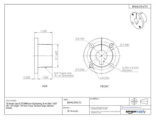 Technical drawing of Sure Grip QT20MM Quick Disconnect Bushing for Pulleys and Sprockets on Shafts, front and side view