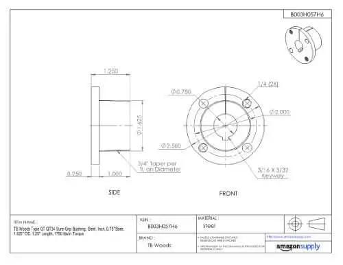 Technical drawing of QT34 SureGrip Bushing for Shaft Mount with Split Flange, 0.75 Inch Bore, Steel TB Woods.