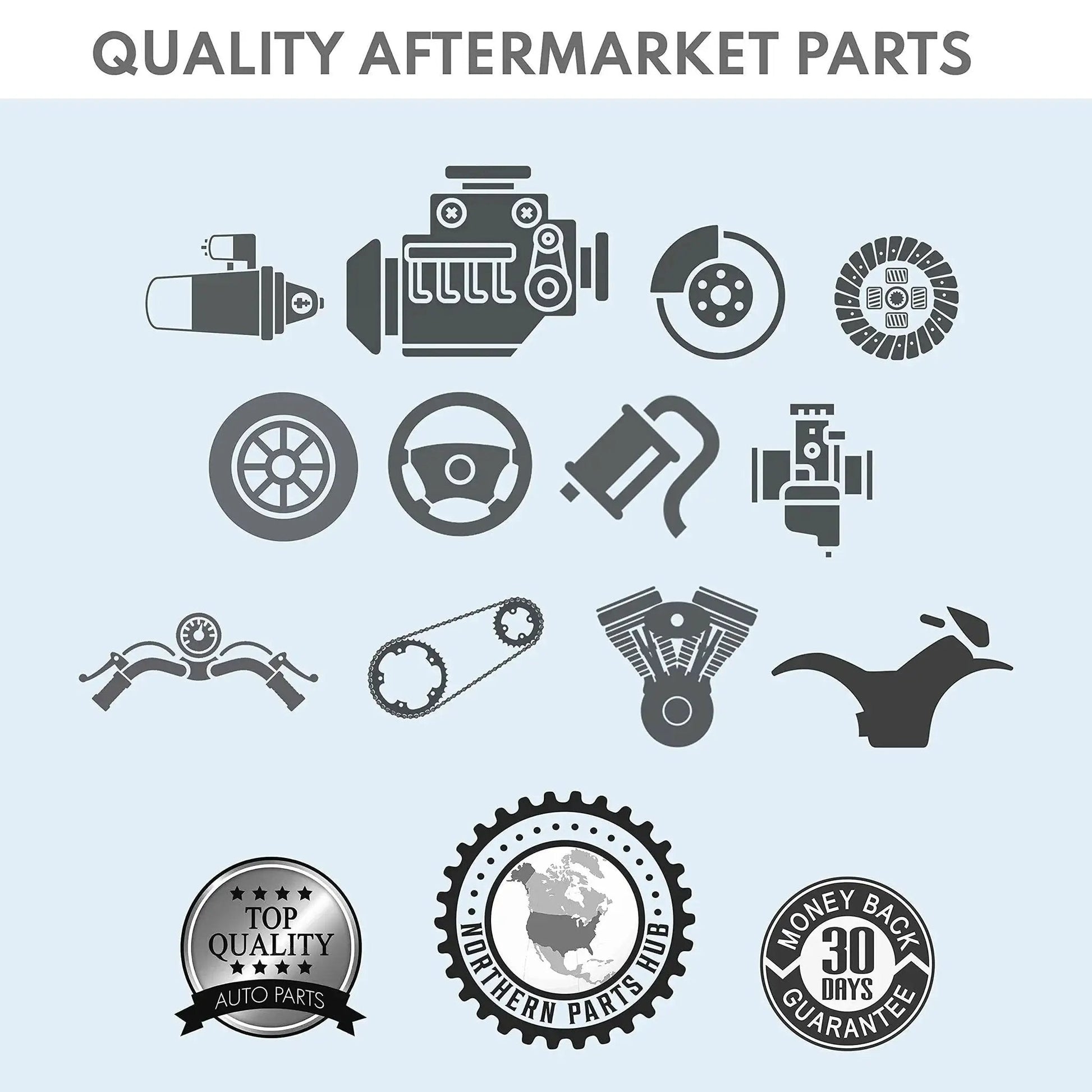 Illustration of various automobile parts with quality seal and money back guarantee for aftermarket products.