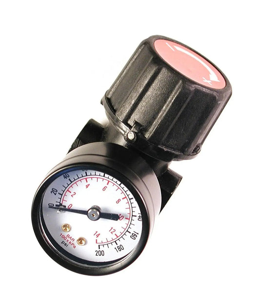 Reliable One Quarter Inch NPT air regulator with steel protected gauge guard, showing 0-200 psi scale, ideal for workshops.