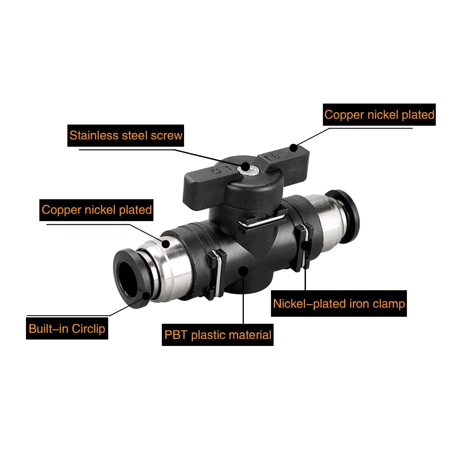 Quarter Inch Push Connect Pneumatic Ball Valve Three Pack For Air Compressors And Tubing, Quick Connect Straight Union Flow Control Valve, Durable Plastic And Metal Construction, Easy Install, Long Lasting Air Fittings By Ceker side view showing materials and features.