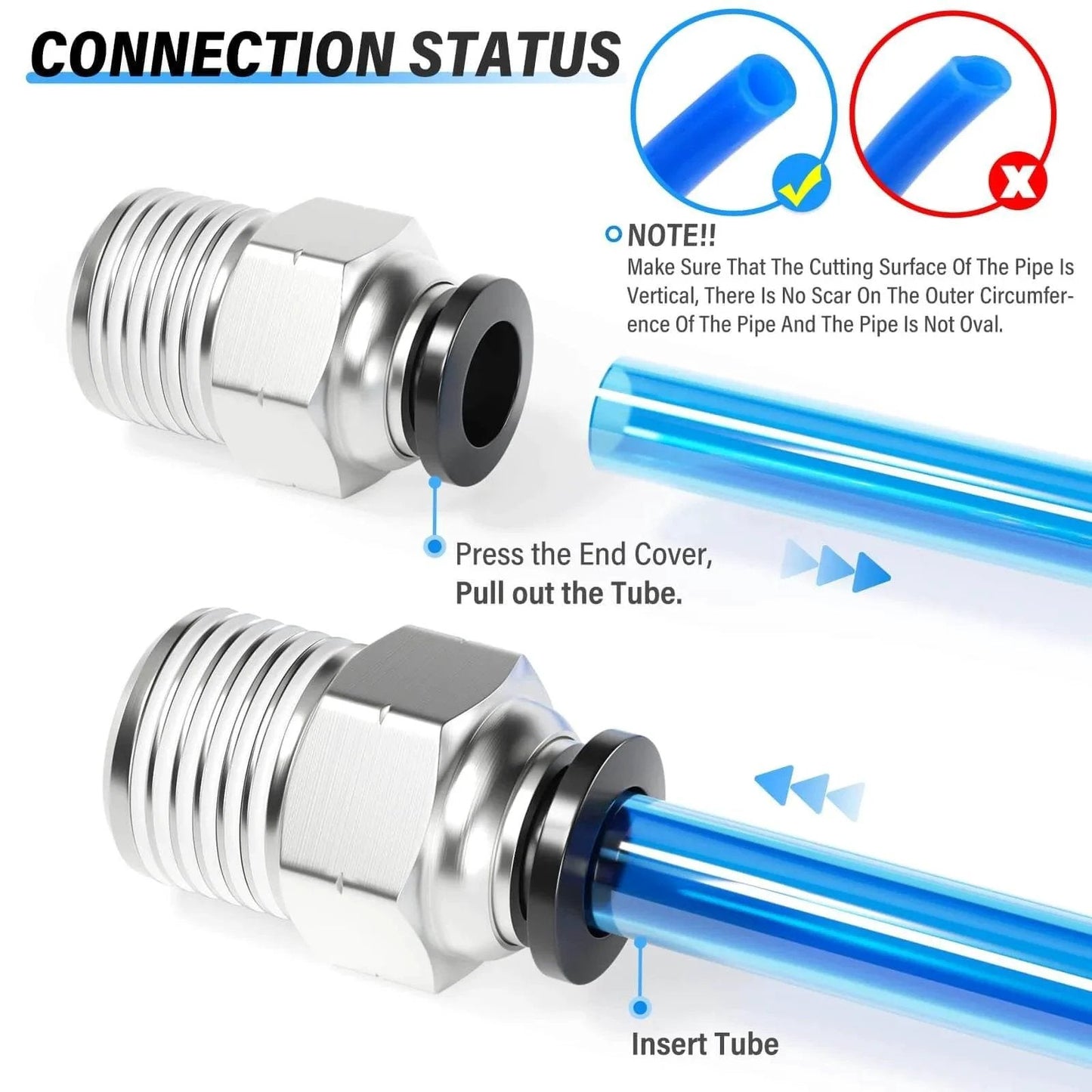 Elbow and Straight Push To Connect Fittings One Quarter Inch Tube OD X One Quarter Inch NPT Thread Copper And Plastic Pack Of Twelve PC One Quarter Inch N2 And PL One Quarter Inch N2 High Pressure 145 PSI 32 To 140 Fahrenheit connection guide with blue tubing.