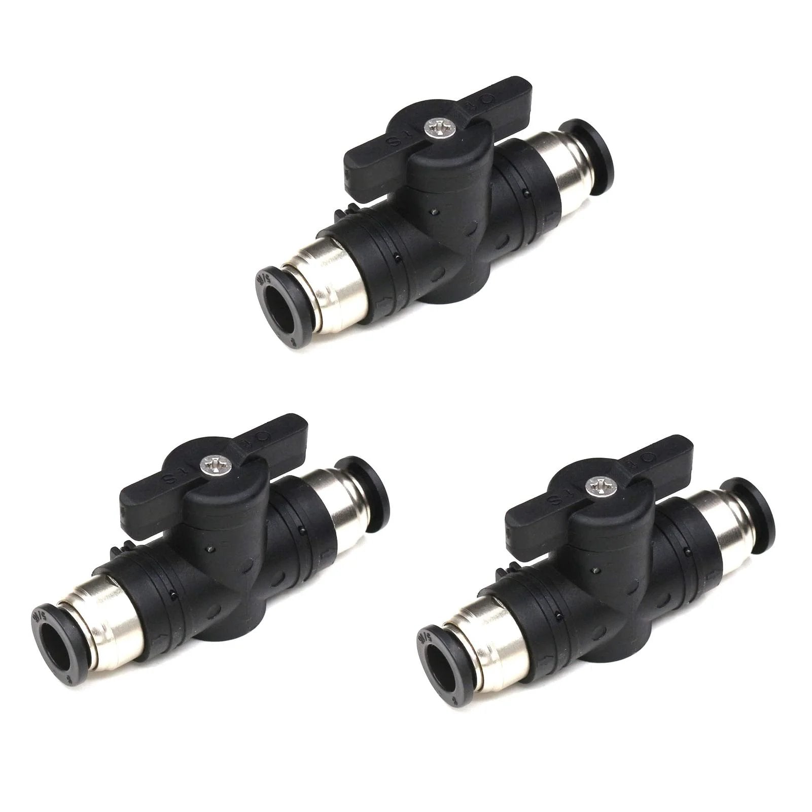 Quarter Inch Push Connect Pneumatic Ball Valve Three Pack For Air Compressors And Tubing, Quick Connect Straight Union Flow Control Valve, Durable Plastic And Metal Construction, Easy Install, Long Lasting Air Fittings By Ceker, three valves viewed from the front.