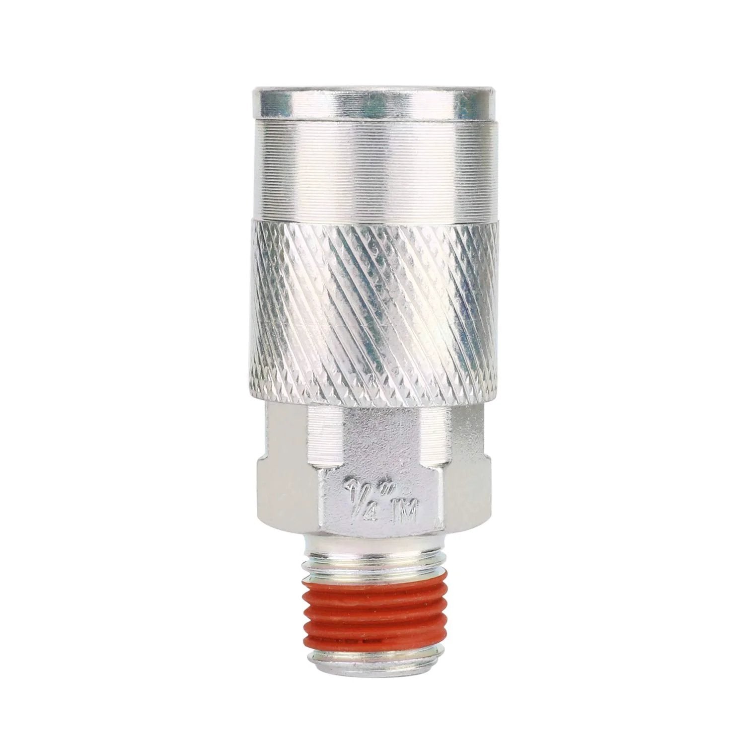 IM Type Quick Connect Air Fittings Kit With One Quarter Inch NPT Threads, Fourteen Piece Set In Stainless Steel For Abrasion And Corrosion Resistance, No Fuss To Install And Fast Disconnect, Interchangeable With Brands, WYNNsky Air Compressor Accessories, close-up view of a stainless steel quick-connect fitting with a 1/4 NPT thread.