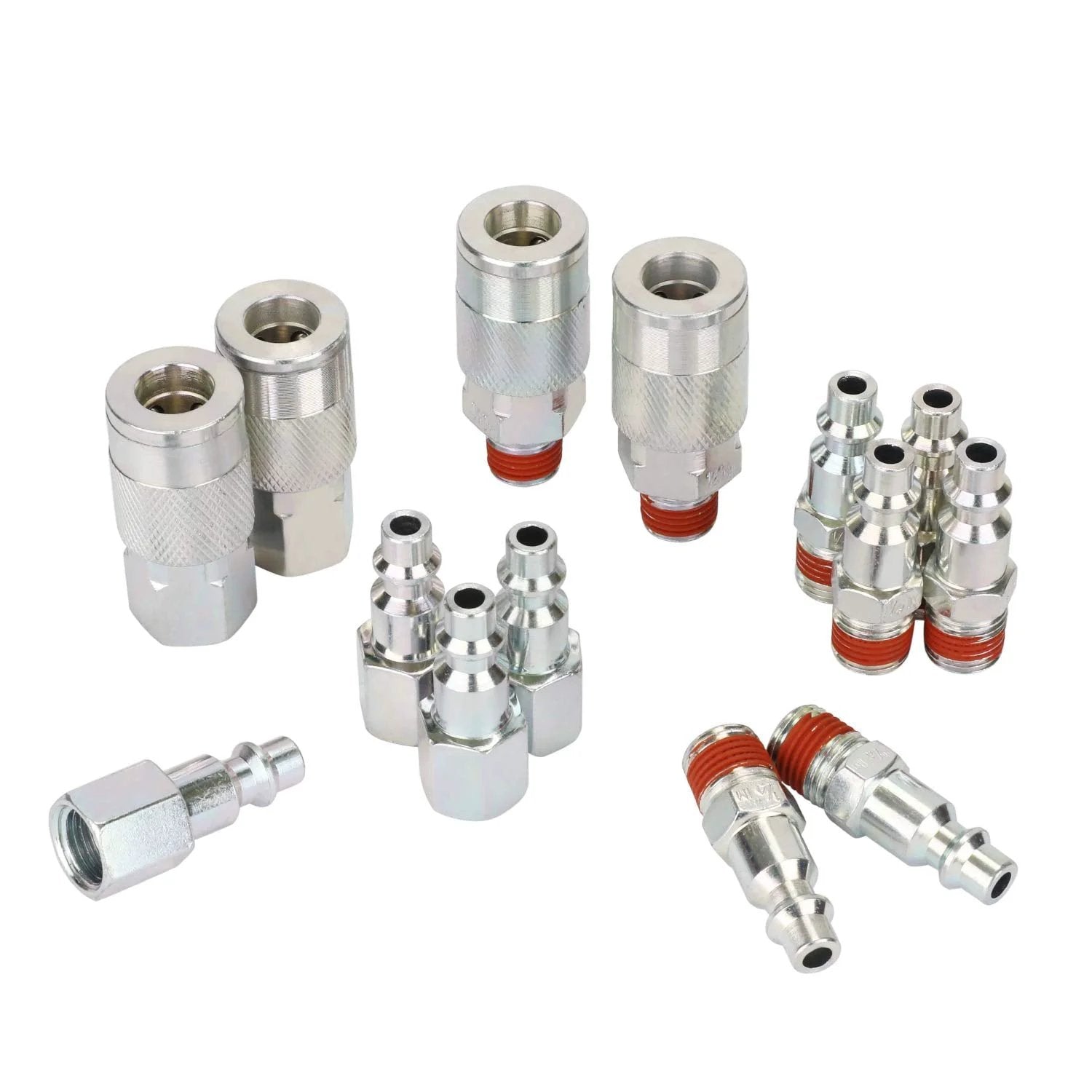 IM Type Quick Connect Air Fittings Kit With One Quarter Inch NPT Threads, Fourteen Piece Set In Stainless Steel displayed from above.