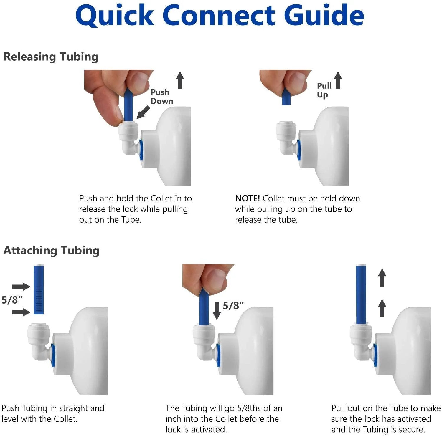 Quick Connect Guide for Inline Shut Off Ball Valve showcasing how to release and attach 1/4 inch tubing.