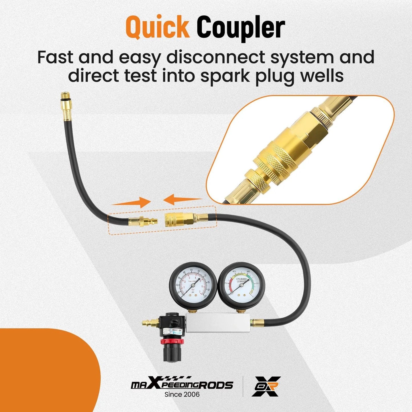 Quick coupler for Dual Gauge Cylinder Leak Down Tester Kit For Gasoline Engines, featuring easy disconnect for spark plug wells.