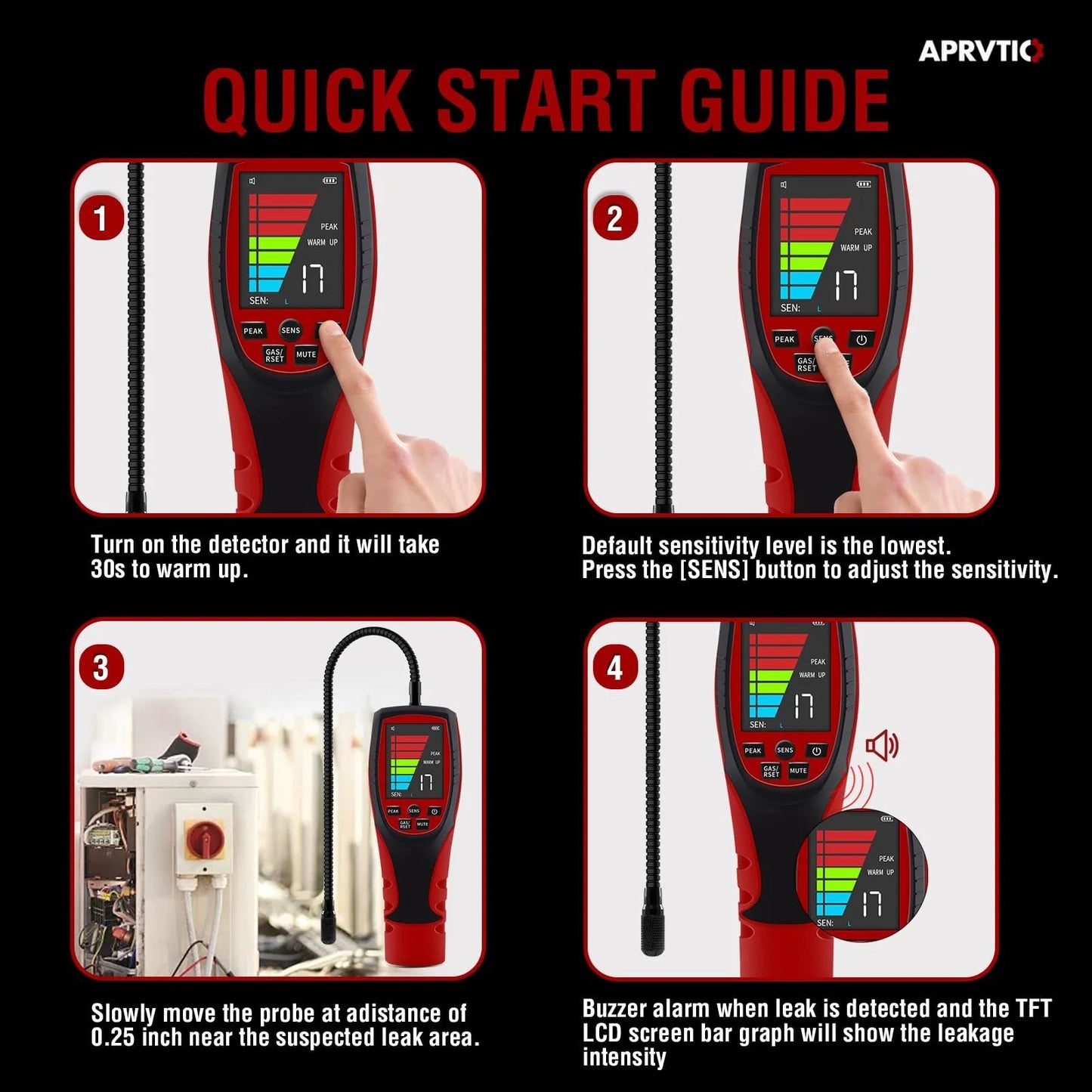 Quick start guide for Reliable HVAC Refrigerant Leak Detector With Two Point Six Inch Color Display showing setup instructions.