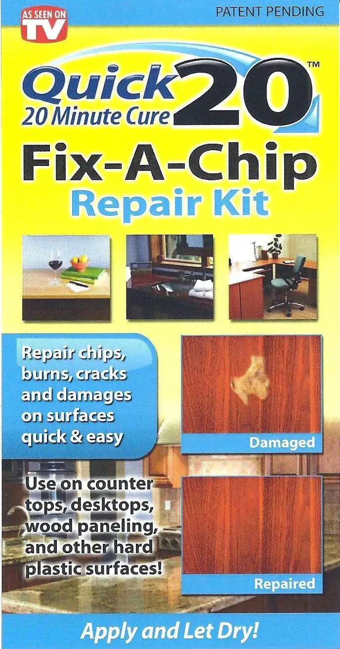 Quick 20 Minute Cure No Heat Fix A Chip Repair Kit package showing before and after surface repair results on wood.