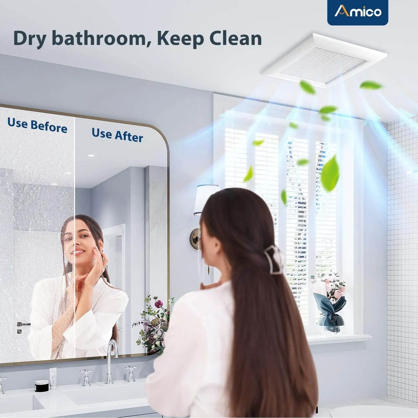 Woman in bathroom with Quiet 110 CFM Bathroom Exhaust Fan With 1.0 Sones For Low Noise Bathroom Ventilation Ceiling Mounted