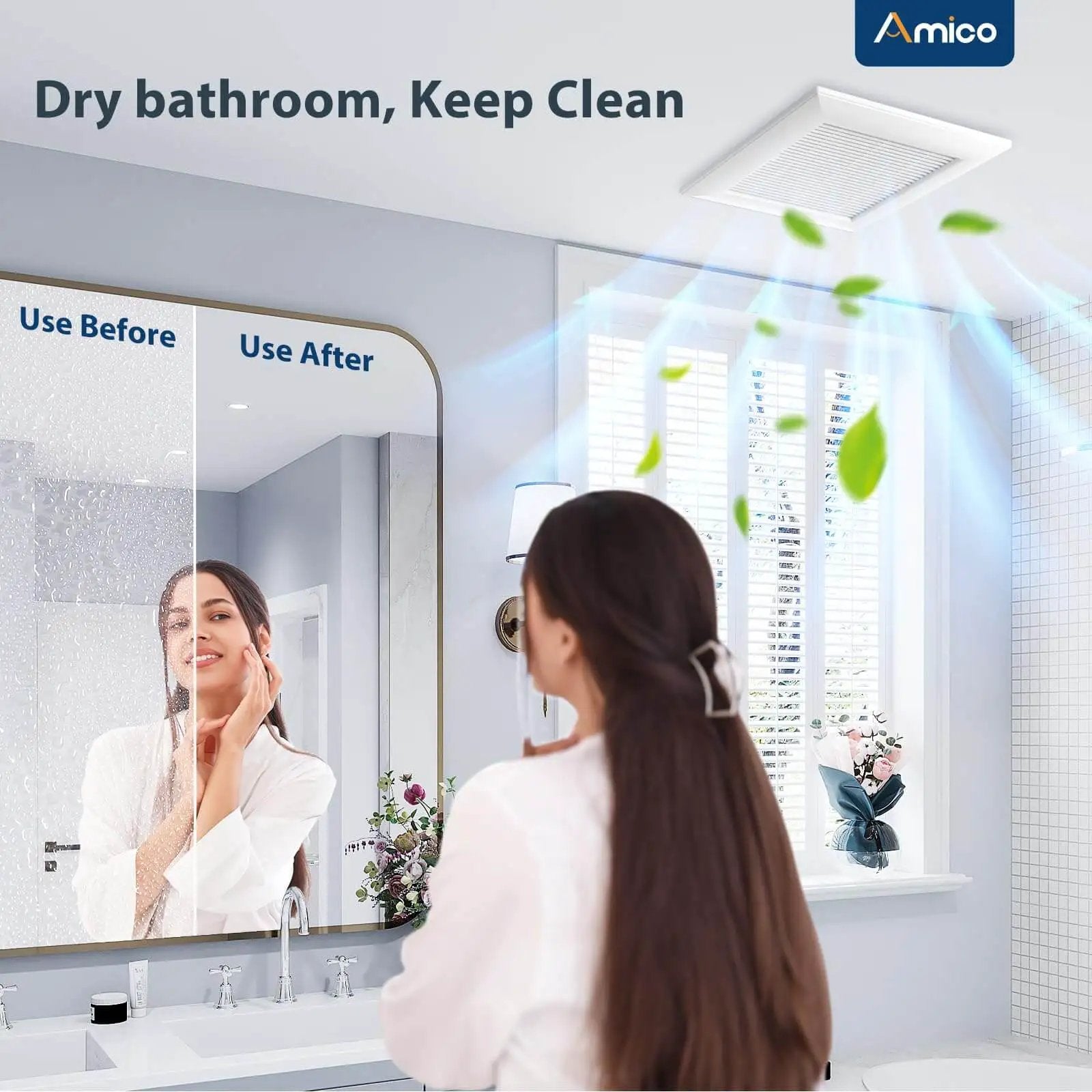 Woman in bathroom with Quiet 110 CFM Bathroom Exhaust Fan With 1.0 Sones For Low Noise Bathroom Ventilation Ceiling Mounted
