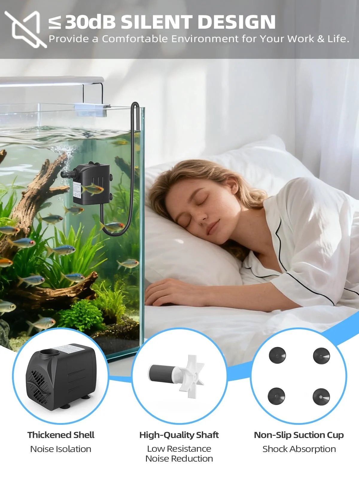 Ultra Quiet 400 GPH Submersible Water Pump For Ponds, Fountains, Fish Tanks And Hydroponics, 1500 LPH, 25W, 6.56 Ft Lift, 6.5 Ft Hose, Includes 3 Nozzles For Waterfall And Stream Effects, Great For Aquariums And Garden Water Features with a woman sleeping near an aquarium.