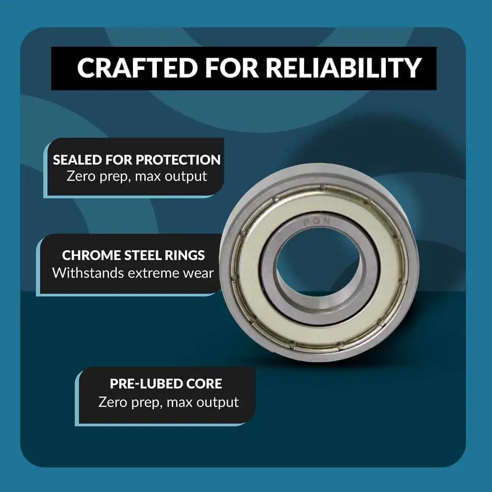 Image of R10 ZZ Sealed Ball Bearing showcasing chrome steel rings and pre-lubed core, with focus on durability and protection features.