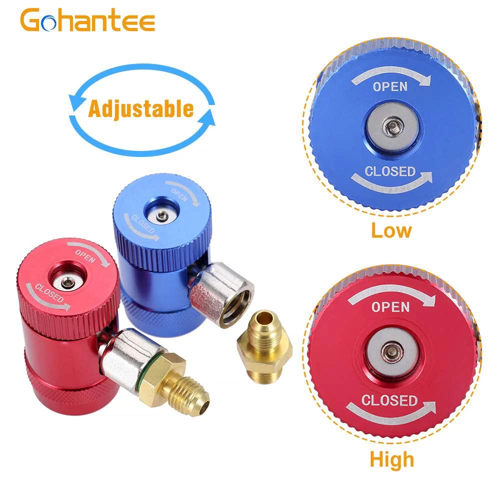 R1234yf Quick Coupler Adapters for High And Low Side Manual Disconnects, One Quarter Inch Fittings, shown from side with adjustable valves.
