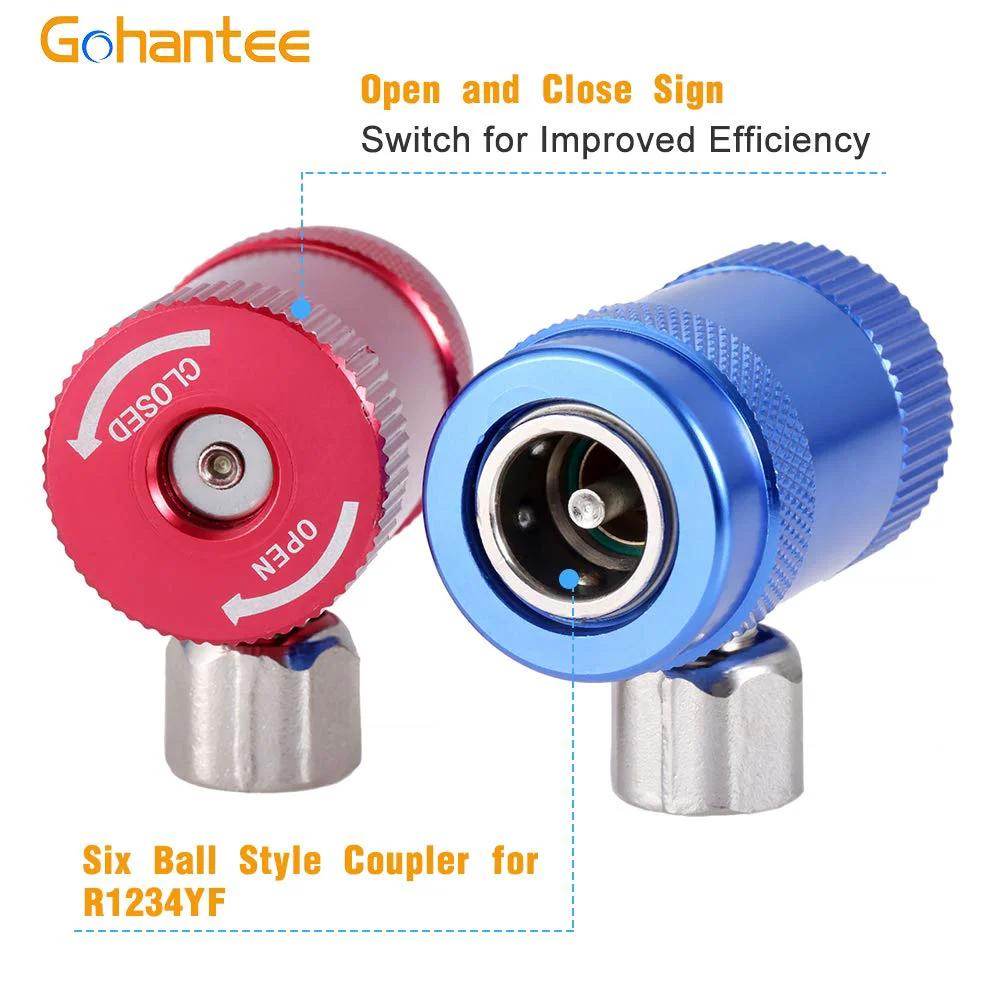 R1234yf Quick Coupler Adapters for High And Low Side Manual Disconnects, One Quarter Inch Fittings, shown from front view.