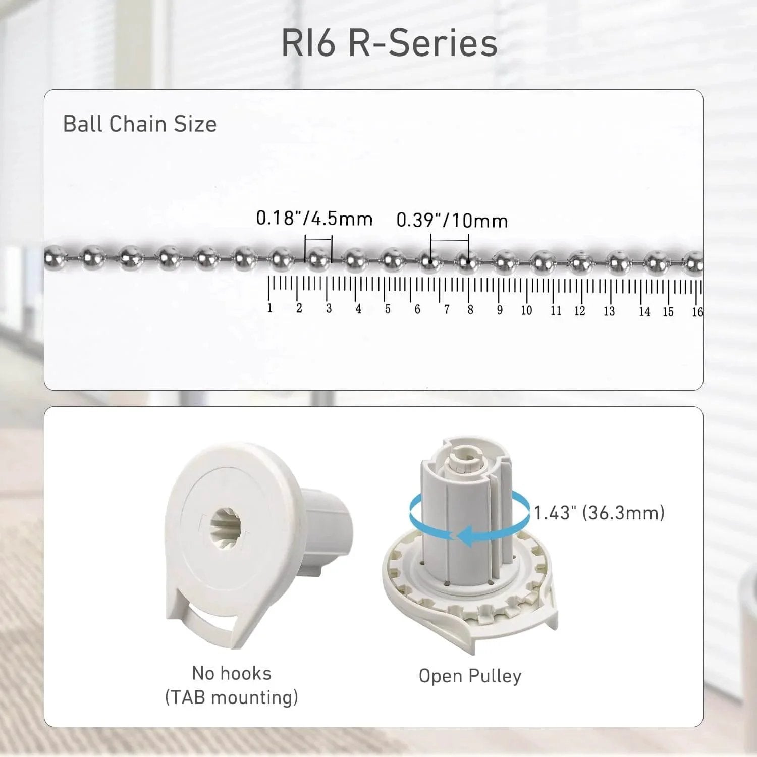 R16 Roller Shade Clutch for 1.5" Tube Roller Shade Brackets & Hardware showing ball chain size and open pulley design