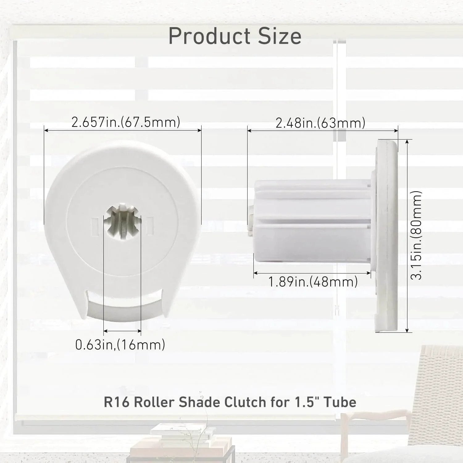 Diagram of R16 Roller Shade Clutch for 1.5" Tube showing dimensions from front and side views