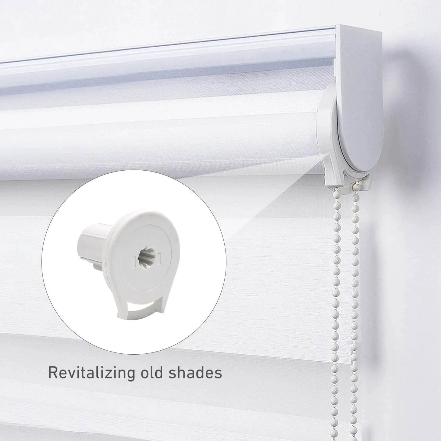 R16 Roller Shade Clutch for 1.5" Tube Roller Shade Brackets & Hardware installed on white roller shade with chain pull