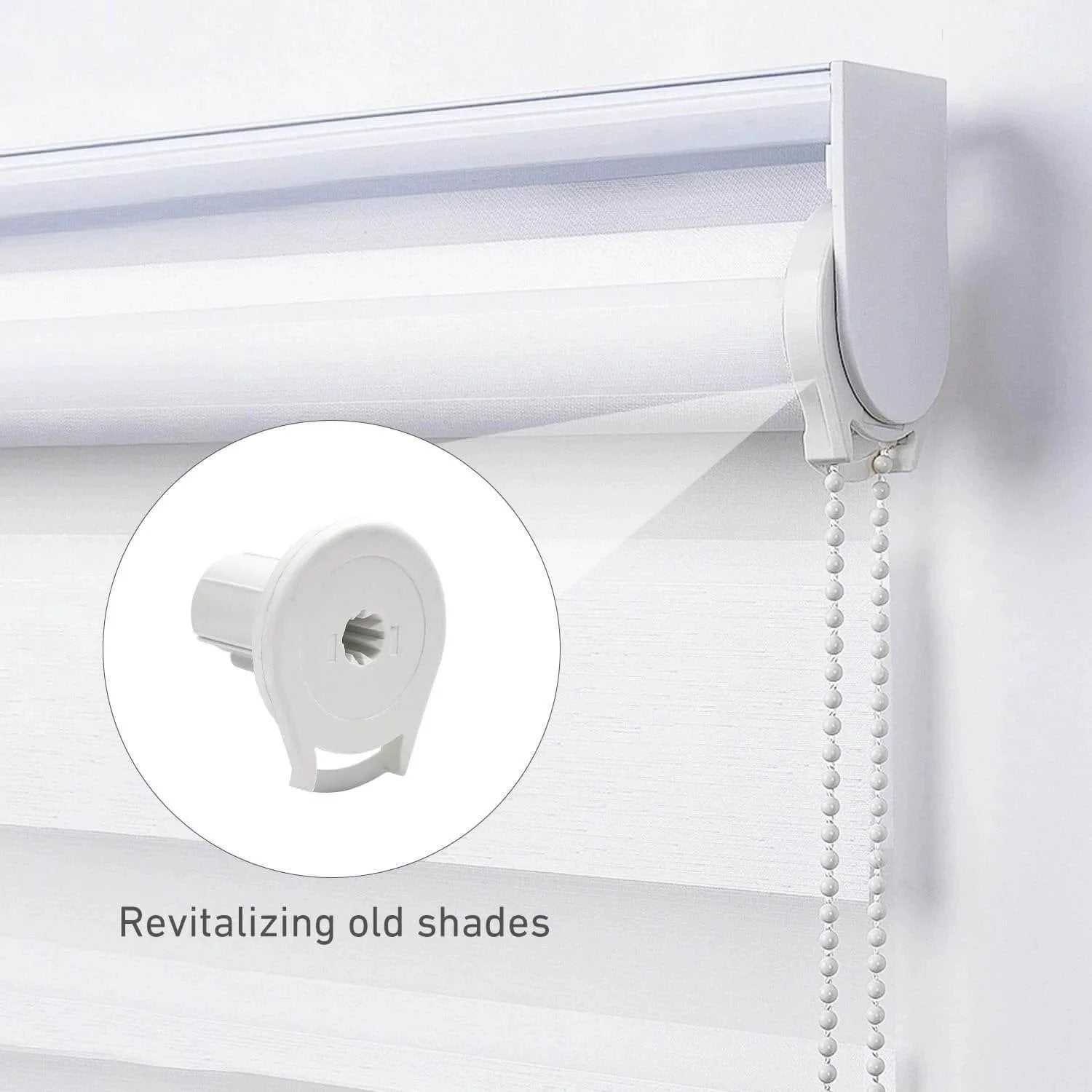 R16 Roller Shade Clutch for 1.5" Tube Roller Shade Brackets & Hardware installed on white roller shade with chain pull