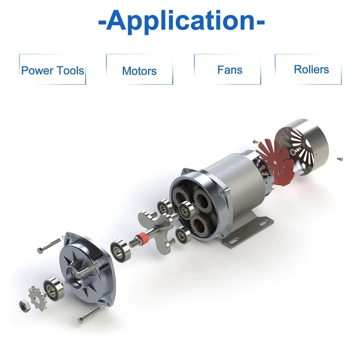 Diagram of applications for R1810ZZ Deep Groove Ball Bearings Double Shielded in machinery, showing use in power tools and motors