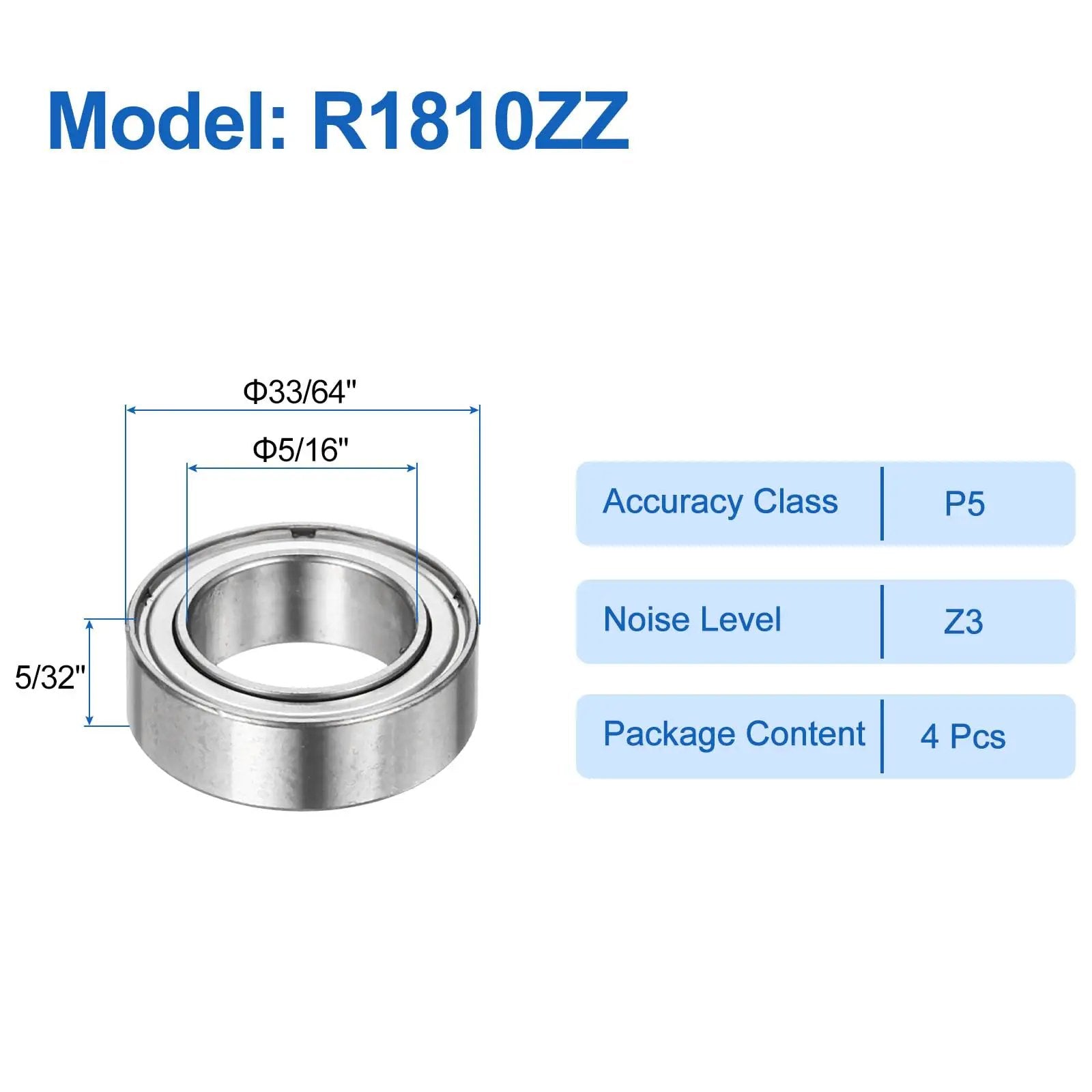 R1810ZZ Deep Groove Ball Bearings Double Shielded 5/16 Inch Inner Diameter 33/64 Inch Outer Diameter 5/32 Inch Height Chrome Steel