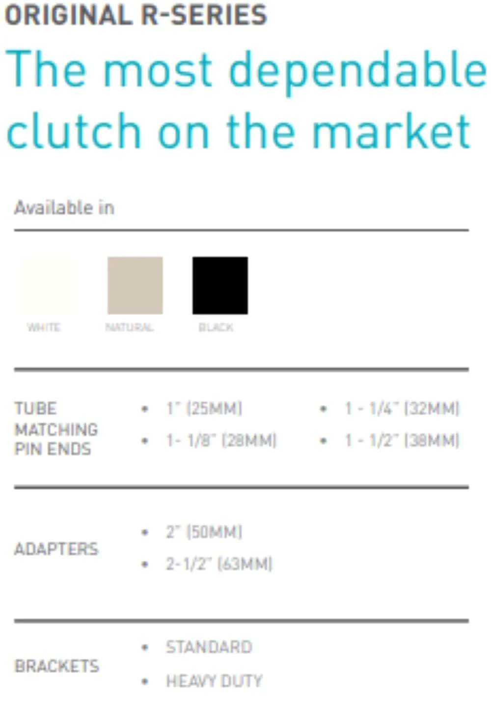 Chart with color options and sizes for R3 Roller Shade Clutch for 1 1/8" Tube - Natural, for Roller Shades.