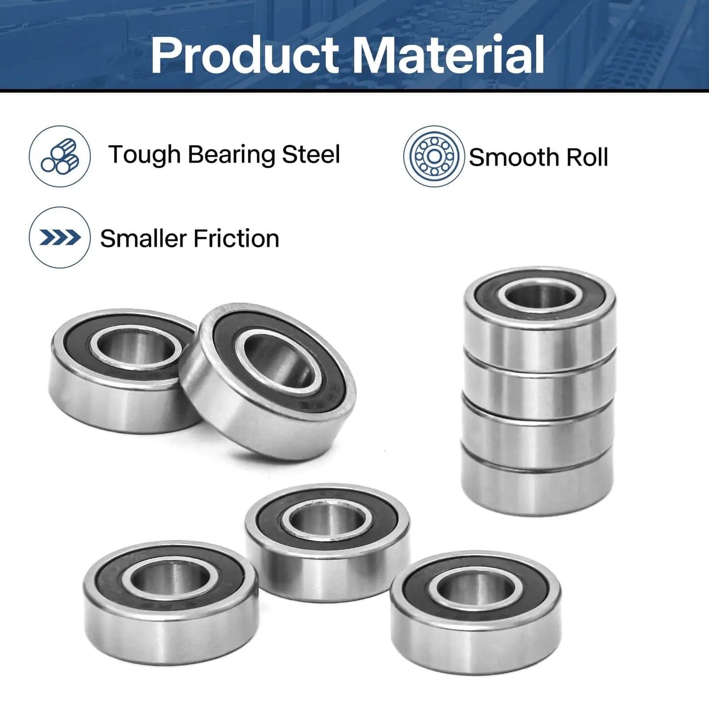 Pro-Grade R6-2RS Ball Bearings Set 1/4 By 5/8 By 0.196 Inch Double Sealed For Quiet Smooth Performance In Motors Machinery And DIY Projects Durable Precision Fit Long-Lasting Reliability 20 Pack Donepart displayed against blue background highlighting tough steel material and small friction