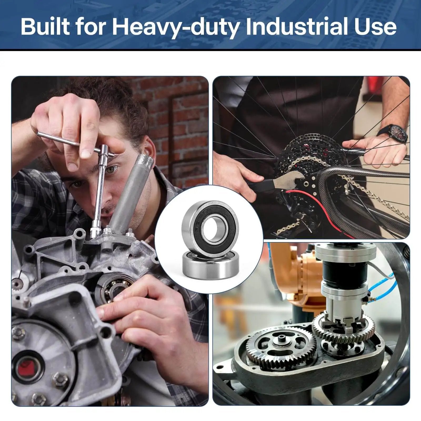 Collage showing Pro-Grade R6-2RS Ball Bearings Set used in motors, bike gears, and machinery for quiet, smooth performance.