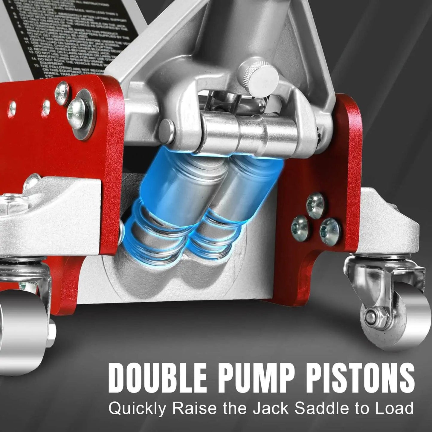 Double pump pistons of Low Profile 3 Ton Racing Floor Jack With Dual Pistons Quick Lift Pump For SUVs And Trucks Aluminum And Steel Construction 58.5 Lb Red