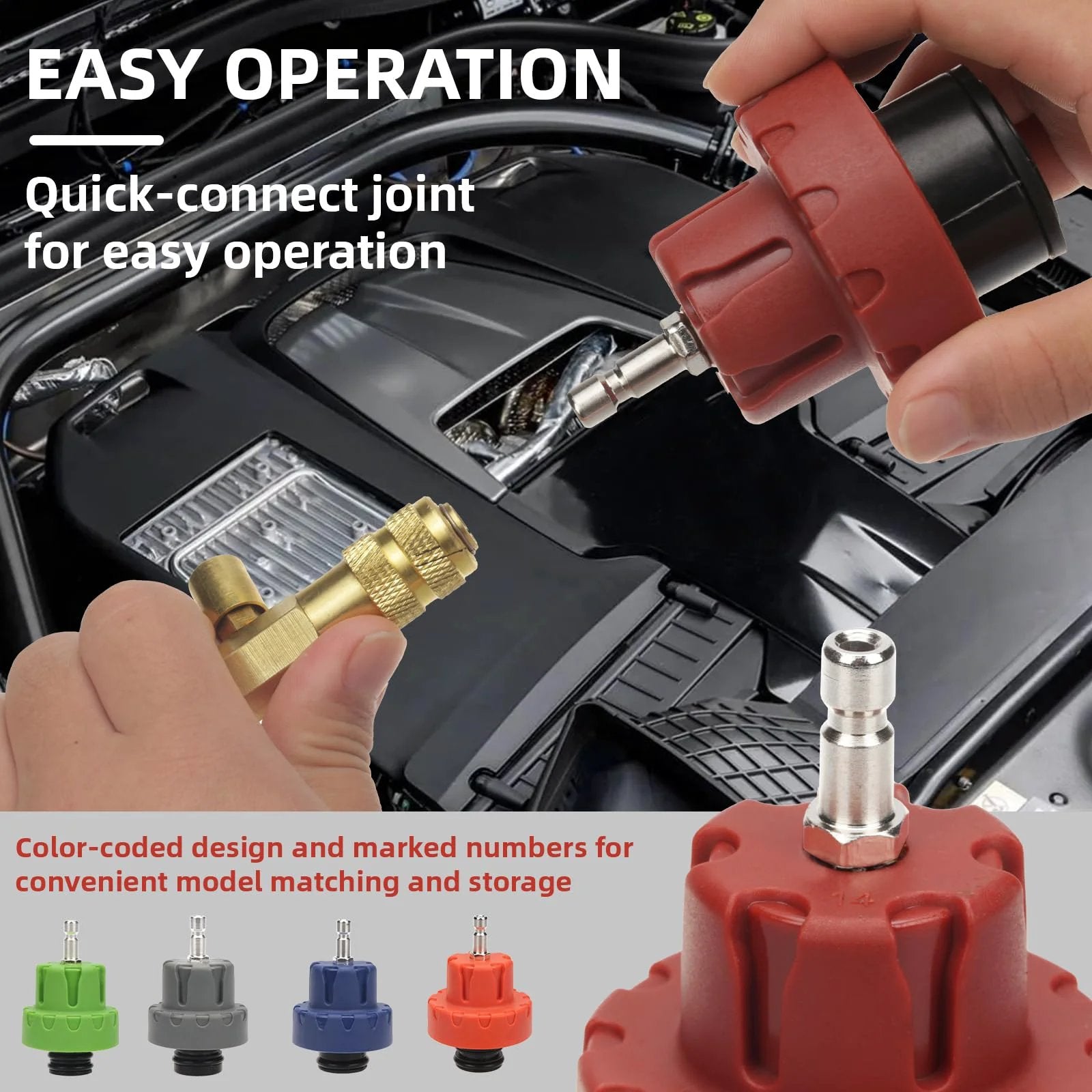 Close-up of quick-connect joint from All In One Coolant Vacuum Refill Kit With 23 Radiator Adapters And Pressure Tester HZAUTOS.